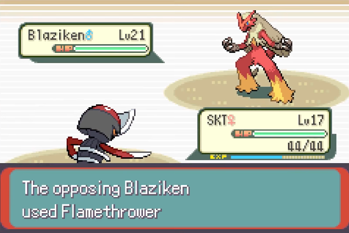 Blaziken uses Flamethrower against the player’s Pokemon