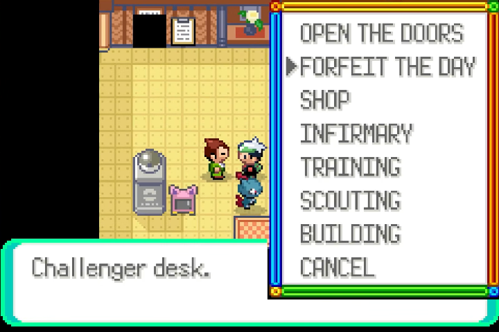 Challenger desk menu with shop, infirmary, training and building options