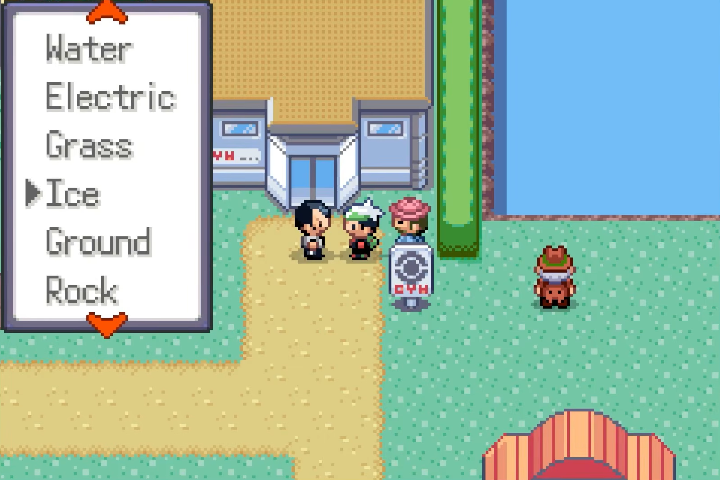 Gym type menu outside Petalburg Gym with Ice highlighted