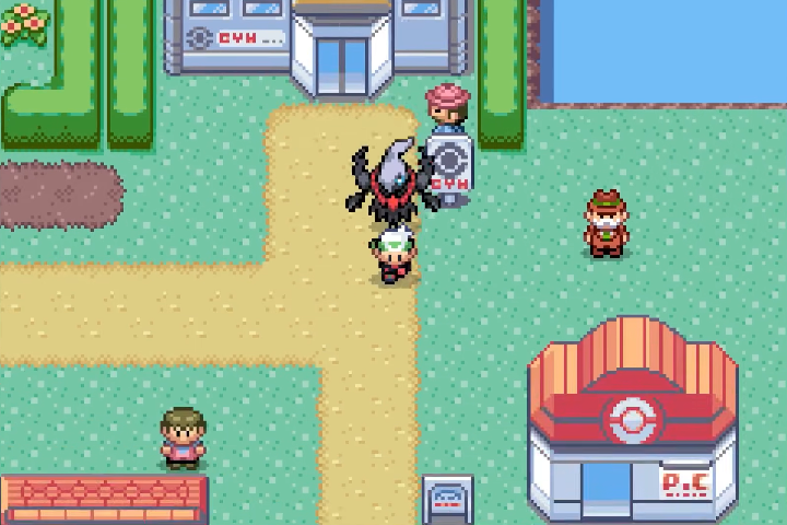 Player and following Pokemon outside Petalburg Gym