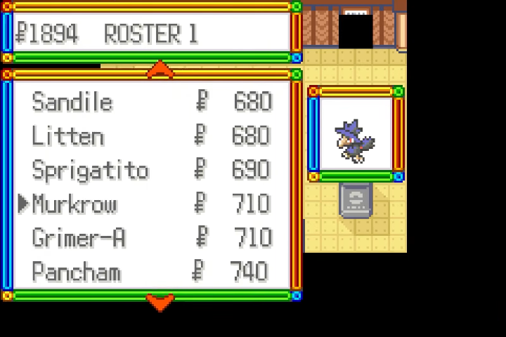 Shop roster with Sandile, Litten and other Pokemon