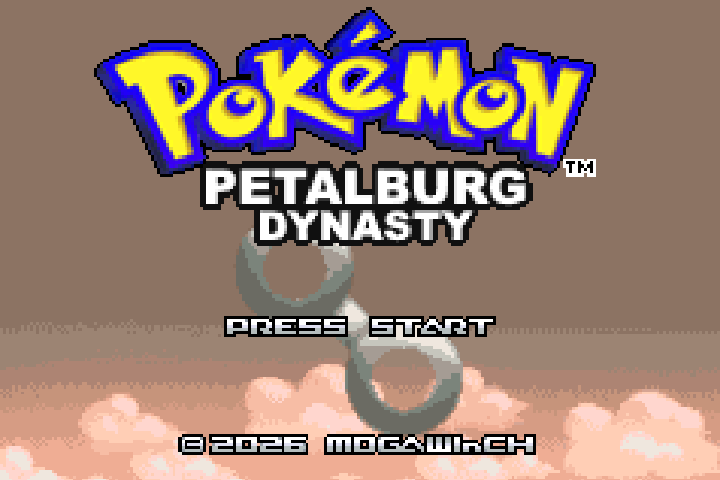 Pokemon Petalburg Dynasty title screen with Press Start and creator credit